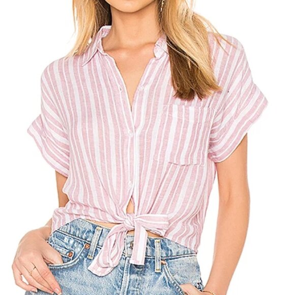 Rails Small Red, White Thea Linen Blend Stripe Short Sleeve Waist Tie T-Shirt - Picture 1 of 16